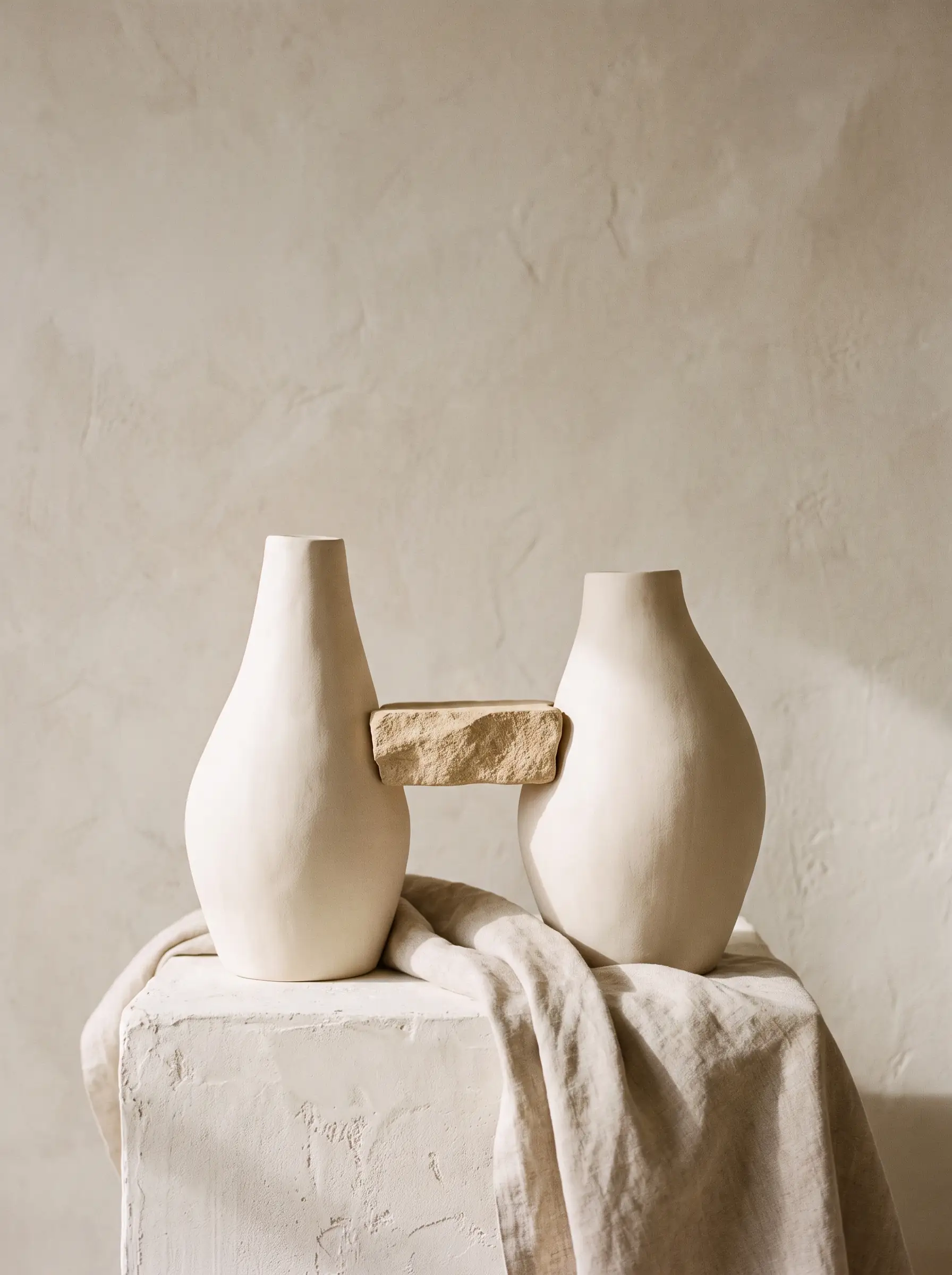 Editorial still-life for LASEO's B2B SEO Agency page: two substantial pale ceramic forms of equal height joined by a sandstone bridge piece