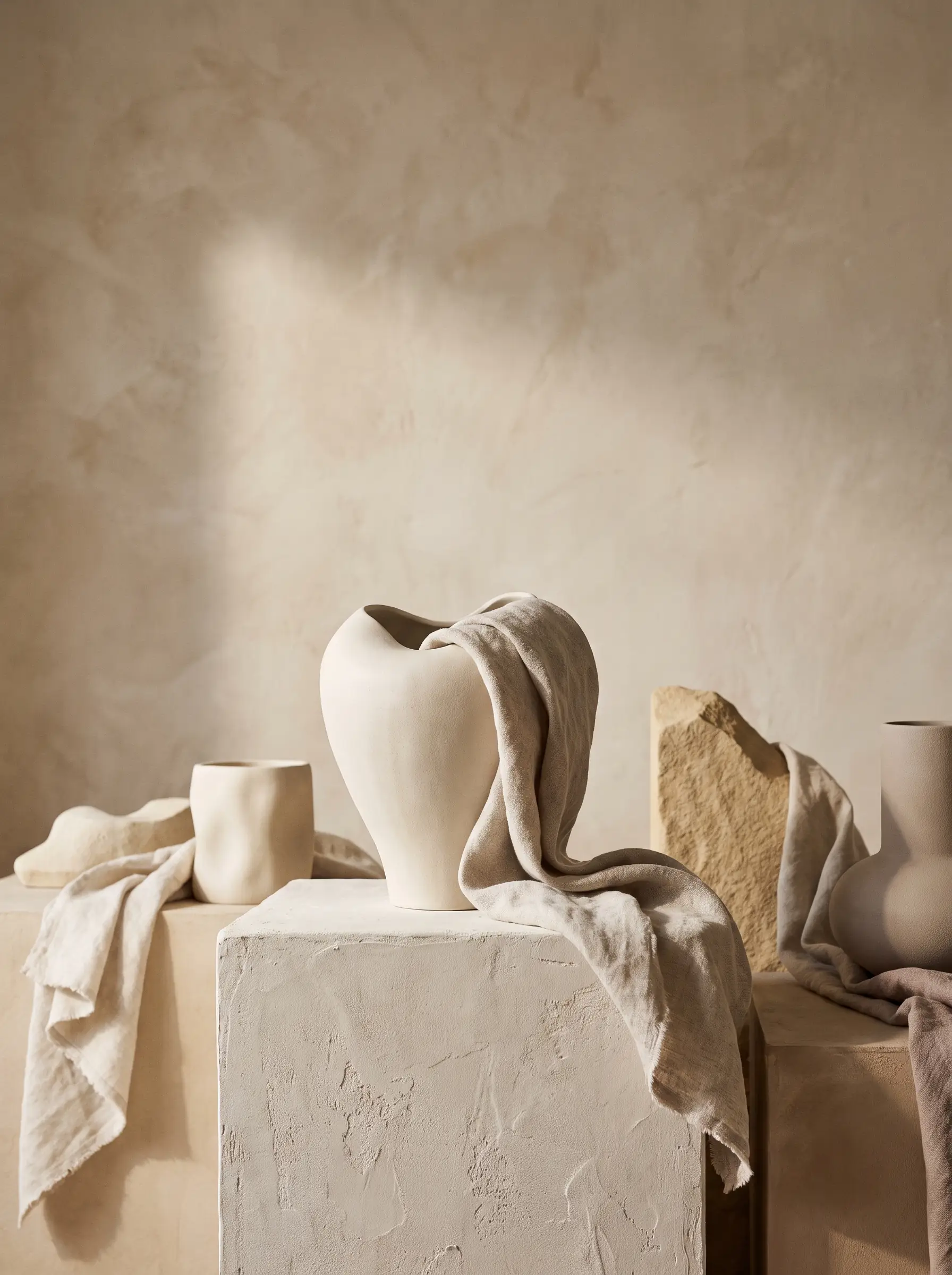 Editorial still-life voor LASEO's pagina SEO-bureau voor fashion en beauty: een sculpturale lichte keramische vaas met ruw linnen dat over de rand valt