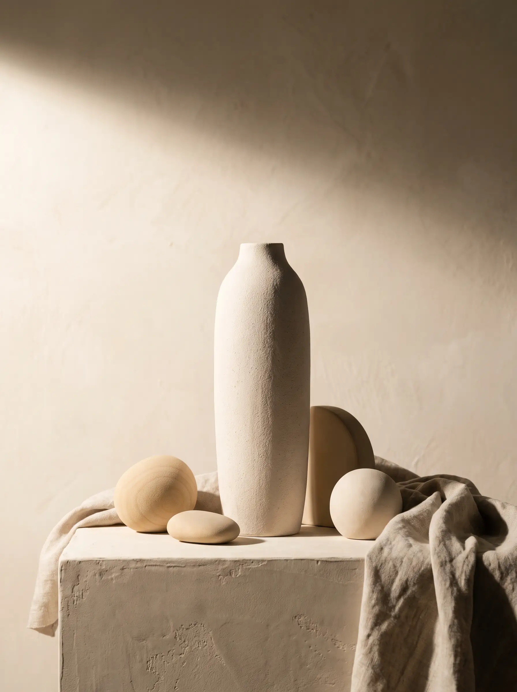 Editorial still-life voor de SEO-bureau pagina van LASEO: een hoge lichte keramische monoliet met kleinere gladde stenen aan de voet