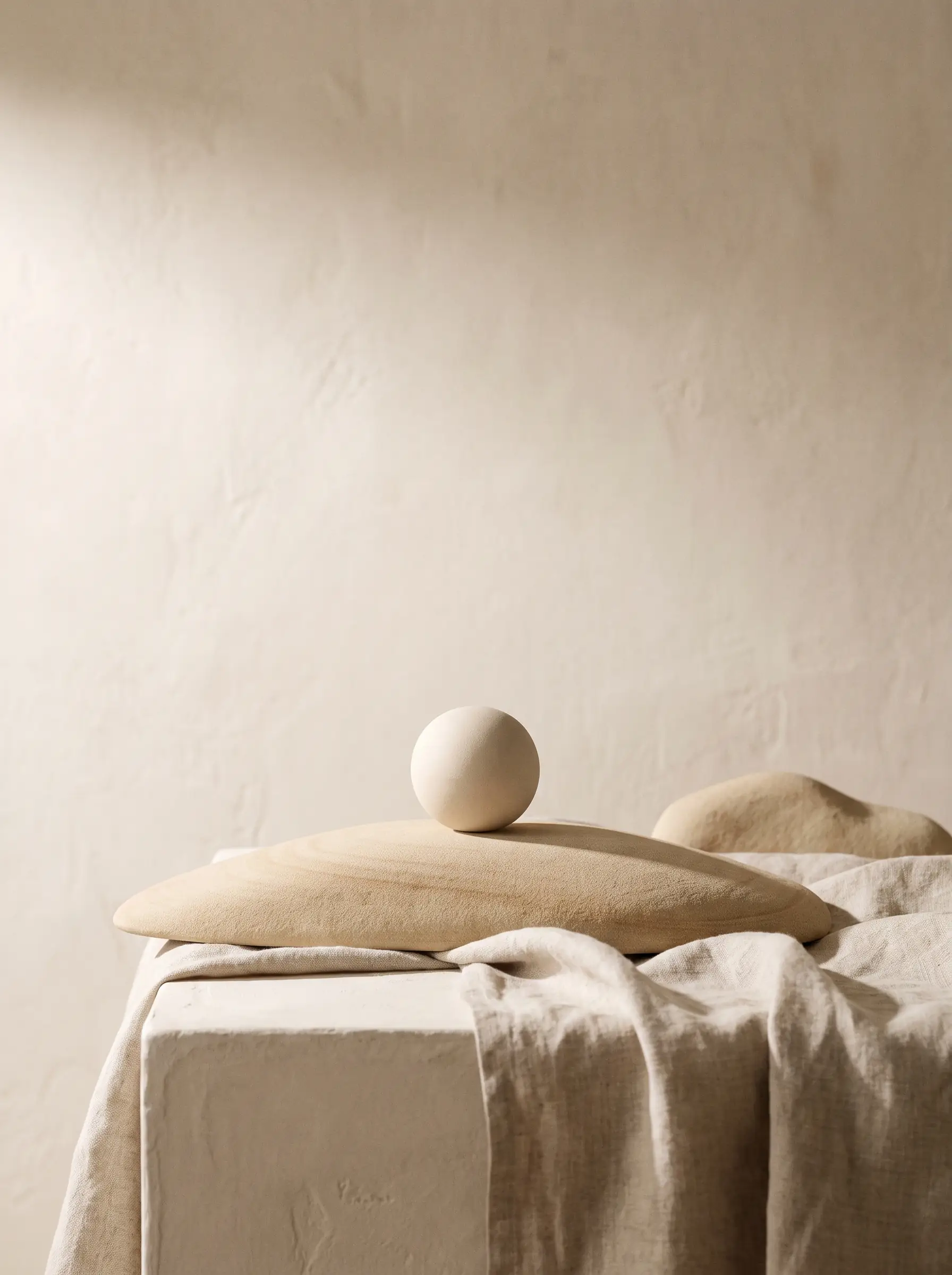 Editorial still-life for LASEO's Travel SEO Agency page: a small pale ceramic sphere resting on a wide curved sandstone horizon form